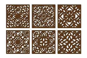Lotus Mandala Vector Template Set for Cutting and Printing. Oriental silhouette ornament. Vector coaster design