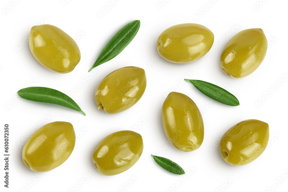 Wall mural green olives with leaves isolated on a white background with full depth of field. top view. flat lay