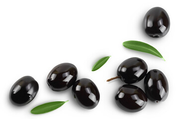 Black olives with leaves isolated on a white background with full depth of field. Top view with copy space for your text. Flat lay
