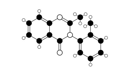 methaqualone molecule, structural chemical formula, ball-and-stick model, isolated image quaalude