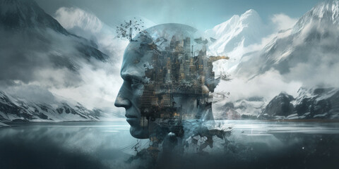 Fototapeta premium art of the mind, fragmented portraiture, silver and aquamarine, frostpunk, cracked, uhd image, shining technological design