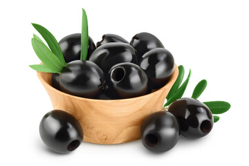 Black olives with leaves in wooden bowl isolated on a white background with full depth of field.