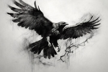 A black and white drawing of a large crow bird. Generative AI.