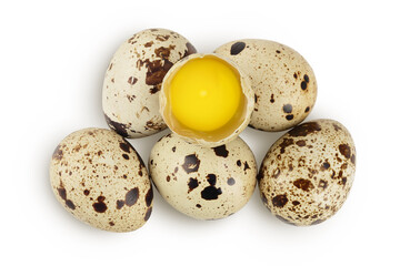 Raw quail egg isolated on white background with full depth of field. Top view. Flat lay