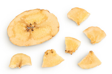 Dried banana chips isolated on white background with full depth of field. Top view. Flat lay