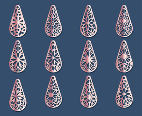 A collection of Earrings templates with geometric shapes. Isolated stencils pattern suitable for handmade work, laser cutting and printing.