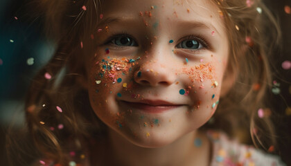 Cute Caucasian girl smiling at camera, enjoying colorful birthday party generated by AI