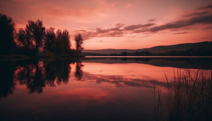 Fototapeta na wymiar Tranquil scene of nature beauty in sunset reflection over water generated by AI