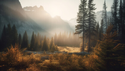 Tranquil scene of pine trees in autumn forest with fog generated by AI