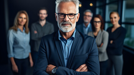 Fototapeta na wymiar Happy middle aged business leader, confident businessman standing in front of team, smiling at camera. Office employee posing with coworkers in background.Created with Generative AI technology.