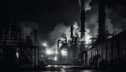 Nighttime refinery emits fumes from smokestacks, polluting the environment generated by AI