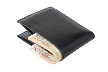 black wallet with money, 50 euro bills, close-up, cutout