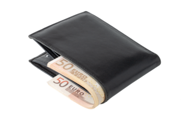 black wallet with money, 50 euro bills, close-up, cutout