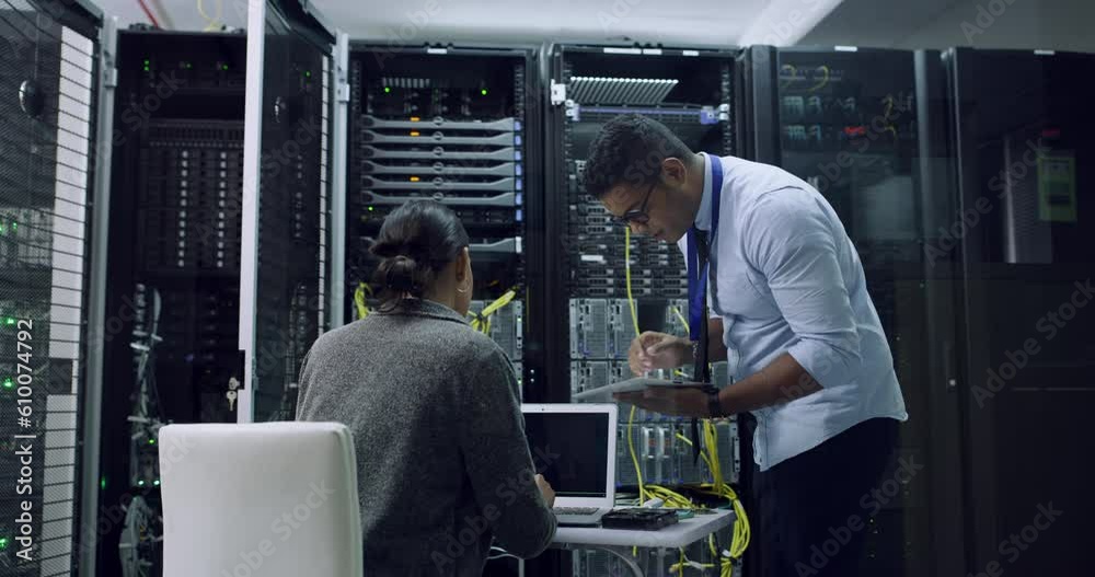 Poster teamwork, problem solving and data center, woman and man with tablet, laptop and network administrat
