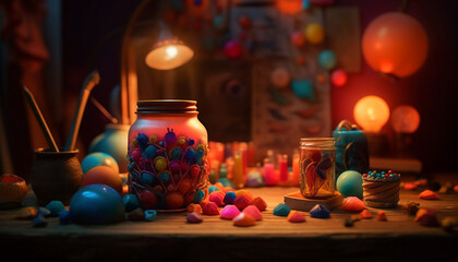 A rustic table with homemade desserts and multi colored candy jars generated by AI