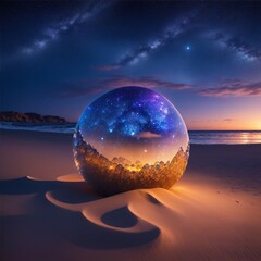 crystal sphere on a shoreline reflecting the epic sunset sky with stars and galaxies created with using Generative AI Technology