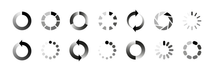 Loading icon set. Progress bar for upload download round process. Circle loading, waiting symbol vector illustration. Vector donload or upload status icon