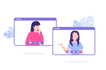 Online Video call conference. Social distancing, business discussion. Video conference interface. Online meeting, webinar, remote work. Online technology concept vector illustration