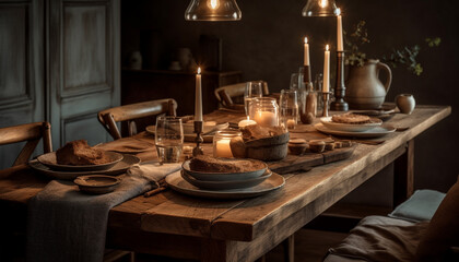 Rustic table decoration with homemade gourmet dessert and candlelight ambiance generated by AI