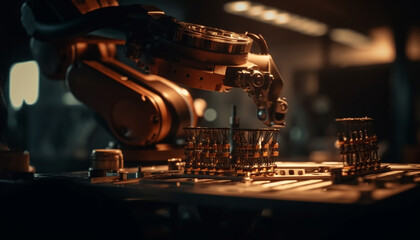 Precision metalwork in an automated steel factory with robotic arms generated by AI