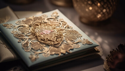 Antique book cover on old fashioned desk, ornate decoration, rustic elegance generated by AI