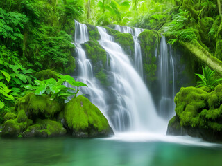 Nature's Tranquil Beauty: Majestic Waterfall Enveloped by Lush Forest Serenity