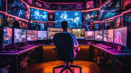 Gamerroom with a lot of monitors over all - ai generative