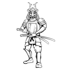 Fototapeta na wymiar Samurai. Vector illustration of a sketch japanese soldier with a katana in his hands
