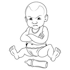 Fototapeta premium Sad baby. Vector illustration of a sketch cute little baby boy show sad expression. Baby emotions. Eyes with tears, mouth opened.