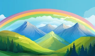 Foto op Canvas  a mountain landscape with a rainbow in the sky and a rainbow in the sky over the trees and mountains in the background is a blue sky with clouds.  generative ai © Anna