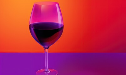  a glass of red wine on a purple and pink background with a red and orange wall in the back ground and a red and orange wall in the background.  generative ai
