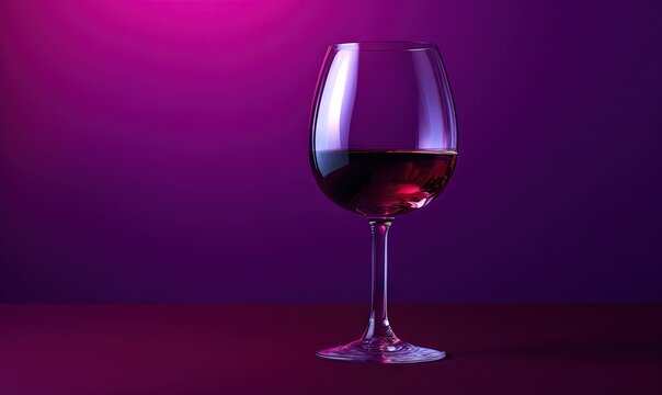  a glass of red wine on a purple table with a light shining on it and a purple background with a red spot in the middle of the glass.  generative ai