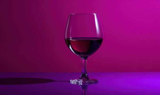  a glass of wine sitting on a purple surface with a pink background and a shadow of a wine glass on the floor in front of the glass.  generative ai