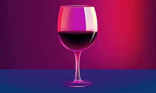  a glass of red wine on a purple and pink background with a reflection of the wine in the wine glass on the table and the floor.  generative ai