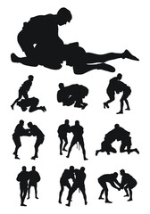 Set of realness silhouettes of sambo athletes in sambo wrestling, combat sambo, duel, fight, jiu jitsu. Martial art, sportsmanship