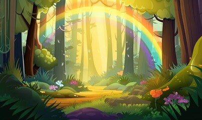  a rainbow in the middle of a forest with a path leading to the rainbow in the middle of the forest with a path leading to the rainbow in the middle of the forest.  generative ai