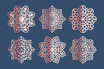 Laser cutting mandala. Golden floral pattern. Oriental silhouette ornament. Vector coaster design.	