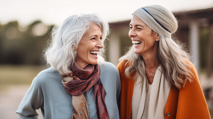 Fototapeta premium Cheerful senior women laughing and looking at each other while walking outdoors. Generative AI