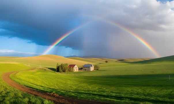  a house in a field with a rainbow in the sky above it and a dirt road leading to the other side of the field with a house in the foreground.  generative ai