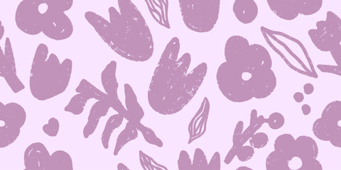 Plakat Vector seamless pattern. Delicate stylized abstract lilac flowers with a shabby texture on a white background. Scandinavian style. For design, print, wallpaper, textile, fabric, paper.