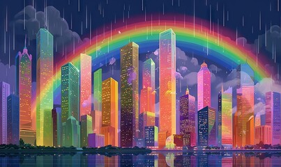  a city with a rainbow in the middle of the sky and a rainbow in the middle of the water with a city in the background.  generative ai