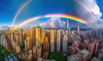  a double rainbow over a city with tall buildings and a rainbow in the sky above the city and a rainbow in the sky above the city.  generative ai