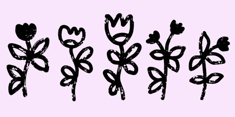 Set vector. Collection of flowers, tulips, grunge shabby elements texture. Black set of doodle illustrations. Elements for design