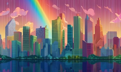  a painting of a city with a rainbow in the sky and a rainbow in the sky over the city and the water is reflecting in the water.  generative ai