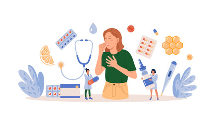 Sick woman with flu and cold. Seasonal allergy, contagious respiratory illness. Influenza viruses, nasal disorder treatment. Doctor examining patient. Physician appointment. Rhinitis, sinusitis cure