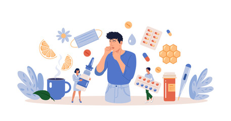 Character Sneezing and Coughing. Prevention against Virus and Infection.Young Man Having a Cold. Flu and Sickness Concept. Doctors Treat Patient with Pills, Capsules. Influenza Treatment