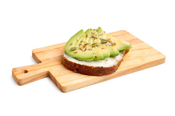 Wooden board of tasty avocado toast on white background