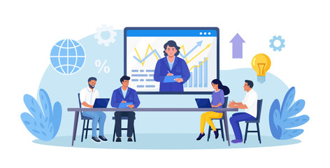 Coach speaking before business people online. Mentor presenting charts and reports. Webinar, video conference. Employees meeting at business training, seminar, courses. Internet presentation, lecture