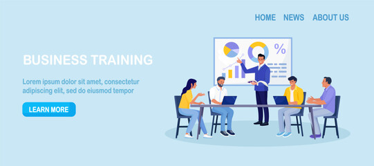 Business Training, Coaching and Education. Mentor Presenting Charts, Diagrams and Reports before Audience. Coach Speaking before Business People at Conference, Lecture. Employees Meeting at Seminar