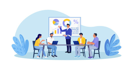 Business Training, Coaching and Education. Mentor Presenting Charts, Diagrams and Reports before Audience. Coach Speaking before Business People at Conference, Lecture. Employees Meeting at Seminar